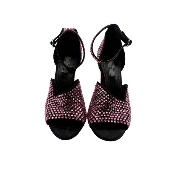 Prada Embellished Crystal Ankle Strap Block Heel Sandals Pink Women's Shoes 38.5 - Picture 3 of 9